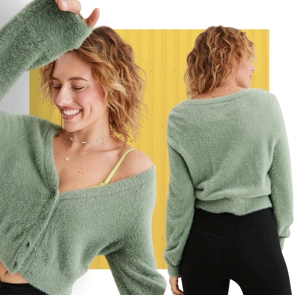 aerie Sweaters - Aerie Women’s Ultra-Soft Fuzzy Cropped Cardigan In Garden Green Size Small